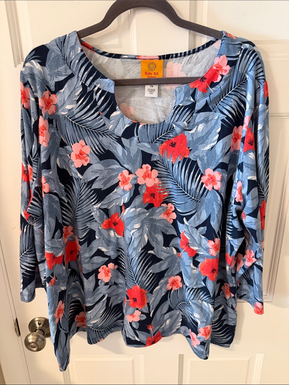 Ruby Rd. Woman Tropical Floral Palm Knit Top Scoop Split Neck Short Sleeve 2X